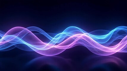Dynamic glowing blue and pink waves flow smoothly across a dark, reflective background, evoking energy and movement. - Powered by Adobe