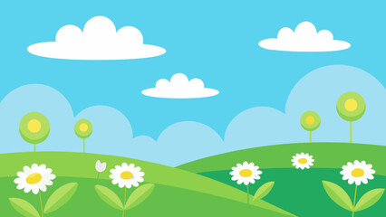 Fototapeta premium Simple Cartoon Meadow with Daisies and Fluffy White Clouds