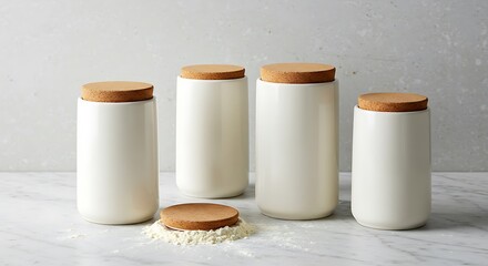 Mockup set of four white ceramic kitchen canisters with natural wood lids