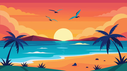 Obraz premium Sunset Beach Scene with Flying Seagulls a Tranquil Coastal View