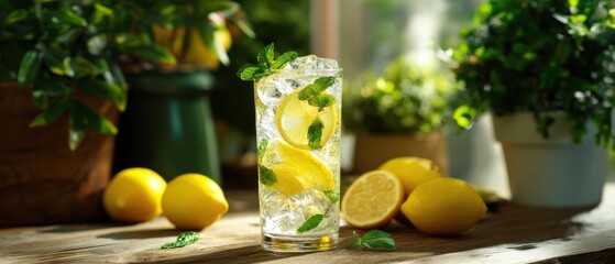 The glass of lemon-mint infused water on sunny wooden table
