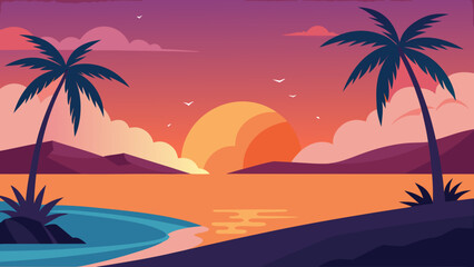 Obraz premium Sunset over Tropical Coastline with Palm Trees and Calm Ocean