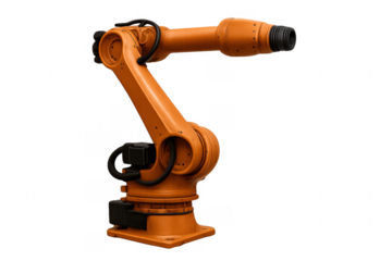 Orange robotic arm performing task on transparent background