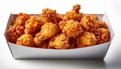 crispy fried chicken popcorn arranged in a white cardboard fast food box isolated against a clean white background perfect for highlighting the deliciousness of fried chicken popcorn