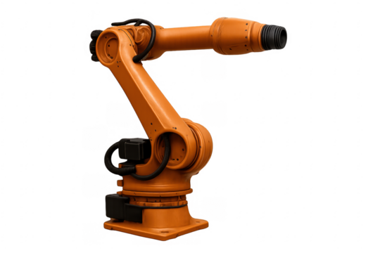 Orange robotic arm performing task on transparent background - Powered by Adobe