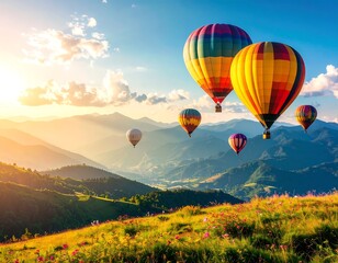 Naklejka premium Colorful hot air balloons soaring over a mountain landscape at sunset