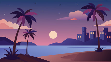 Flat Vector Illustration of Palm Beach at Dusk with a Tranquil Sky