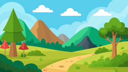 Fototapeta premium Cartoon Nature Scene with Rolling Hills and a Dense Green Forest