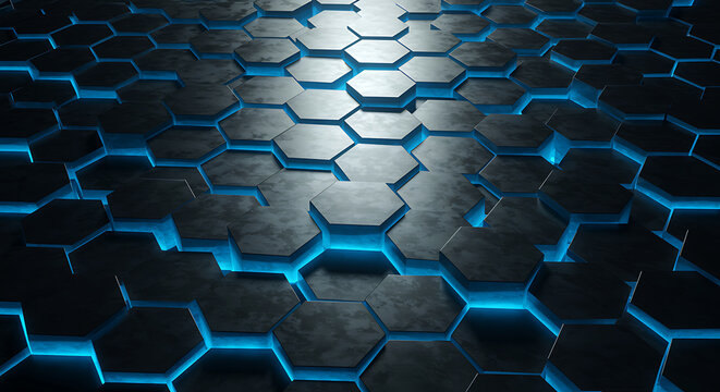 Stunning 3D hexagonal pattern with vibrant blue glowing edges for modern tech design