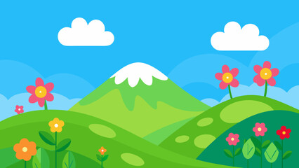 Obraz premium Cartoon Hills with Colorful Flowers and a Vibrant Bright Blue Sky