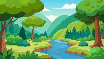 Obraz premium Cartoon Riverside Forest with Lush Green Plants and Calm Water