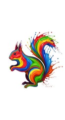 Splashing multicolored rainbow paint shaped like a squirrel on a solid white background