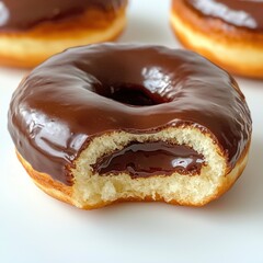 Chocolate creme filled donut with chocolate frosting, bitten and resting on a white surface with two more donuts in the background