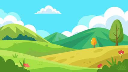 Cartoon Rolling Meadow with Distant Hills Under a Blue Sky