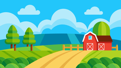 Fototapeta premium Cartoon Countryside Farm Field with Bright Blue Sky Above