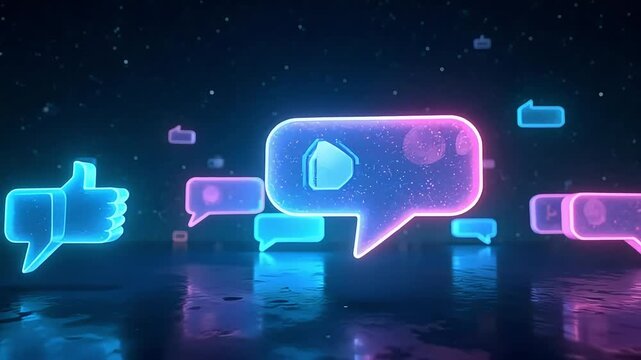 Dynamic neon social media icons, like and chat bubbles float in dark space, creating buzz
