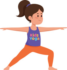 Girl practicing kids yoga in warrior pose with purple top and orange pants vector illustration 