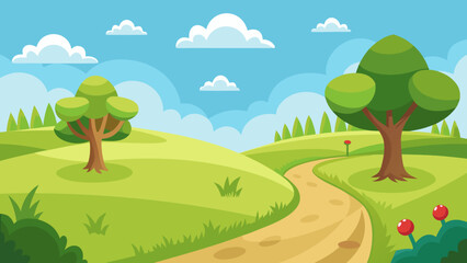 Cartoon Grassy Meadow with a Winding Path and Small Shrubs Landscape