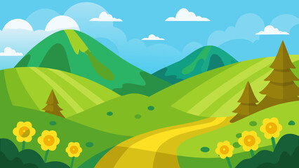 Cartoon Valley with Green Hills and Yellow Flowers Bright Landscape
