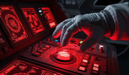 Astronaut's Hand Reacting to a Red Alert Warning Light on a Spaceship Control Panel