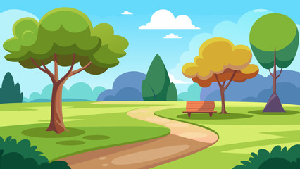 Obraz premium Cartoon Sunny Park with Tree Shadows on Grass and Colorful Flowers