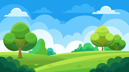 Fototapeta premium Cartoon Green Field with Bushes and Trees Under Bright Blue Sky