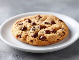 Freshly baked chocolate chip cookie with caramelized edges on white porcelain plate, crumbly texture and melted chunks in soft gray bokeh setting