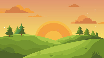 Obraz premium Cartoon Grassy Hills with Scattered Trees and Orange Glowing Sunset Sky