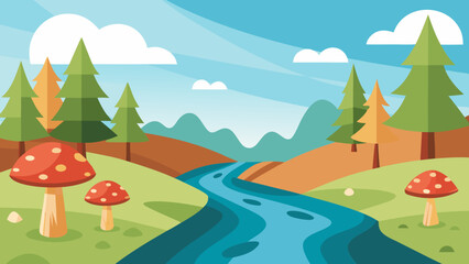 Obraz premium Cartoon River Flowing Between Tall Trees with Mushrooms Enchanting Woodland