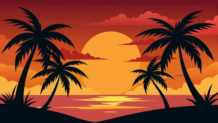 Fototapeta premium Stunning Palm Fringed Tropical Sunset Silhouette at the Beach