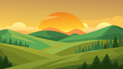 Obraz premium Charming Hills and Meadow at Golden Hour Sunset a Peaceful Landscape