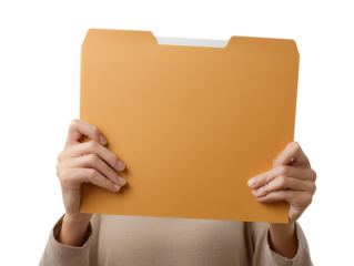Hands holding manila file folder in front isolated on transparent or white background, png