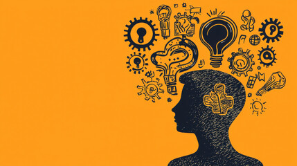 Creative mind illustration with gears and light bulbs on orange background