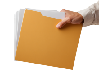 Hand offering manila file folder with documents isolated on transparent or white background, png