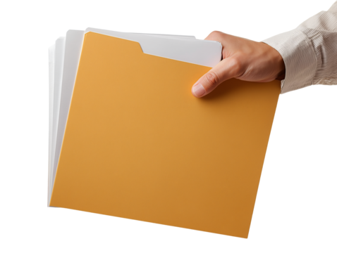 Hand offering manila file folder with documents isolated on transparent or white background, png