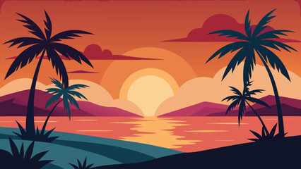 Fototapeta premium Stunning Palm Lined Coastline During a Warm Tropical Sunset