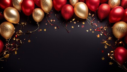 party themed banner with red and gold balloons confetti border on black background space for anniversary sale gala night or celebratory event