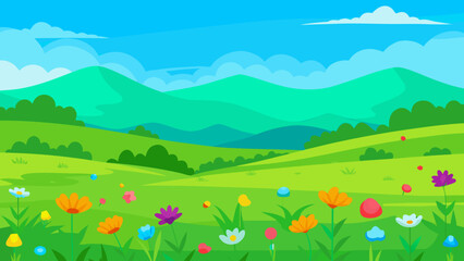 Vibrant Bright Green Meadow Filled with Colorful Wildflowers a Peaceful Scene