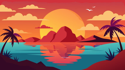 Vibrant Sunset Over a Tropical Island Lagoon a Serene and Exotic Paradise View