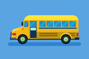 Classic yellow school bus illustration with open door on a blue background