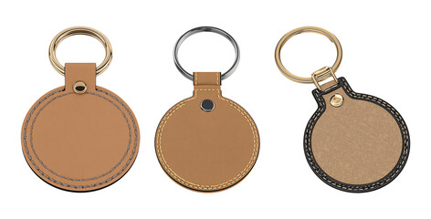 Collection set of round leather keychains isolated on transparent or white background, png