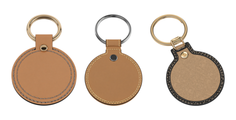 Collection set of round leather keychains isolated on transparent or white background, png