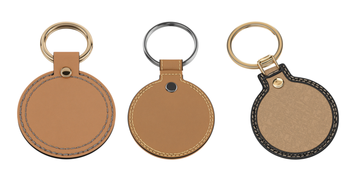 Collection set of round leather keychains isolated on transparent or white background, png