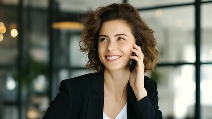 Cheerful businesswoman laughing with phone in gentle light - Powered by Adobe