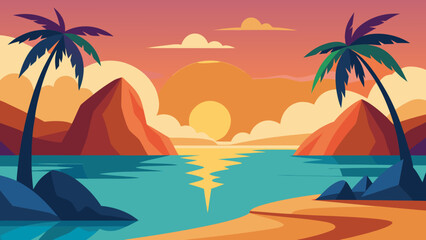 Obraz premium Flat Vector of a Tropical Bay at Golden Hour Sunset Light