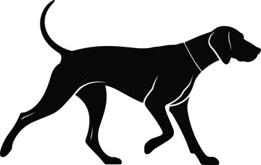 Silhouette of alert hunting dog, pointing stance, energetic canine, sleek body, attentive pet, tracking 