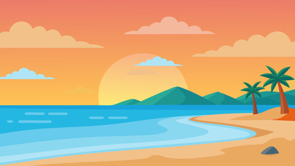 Fototapeta premium Flat Vector of a Sunset Beach with Calm Water and Golden Sky