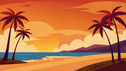 Obraz premium Palm Lined Beach at Golden Sunset Hour with Beautiful Sky Colors