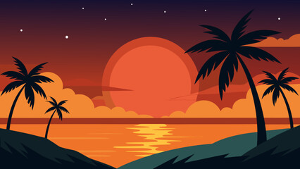 Tropical Evening Scene with a Bright Orange Horizon and Calm Ocean