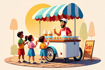 Fototapeta premium Retro Summer Ice Cream Cart Scene with Happy Children